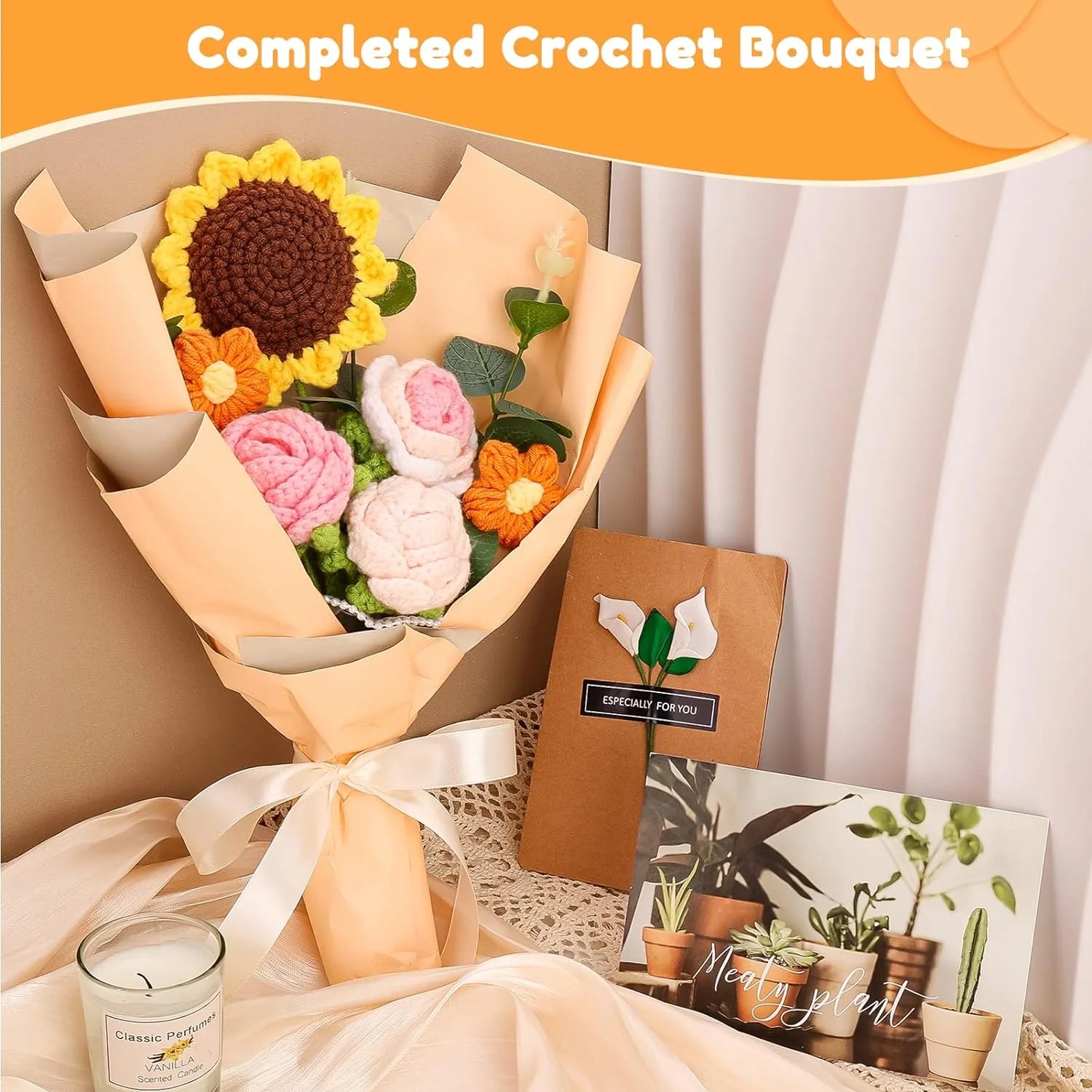 Completed Crochet Flowers Bouquet, Handmade Knitted Bouquet, Crochet Bouquet Kit Knitted Fake Sunflower Rose Daisy for Mother'S Day Birthday Wedding Home Decor, Gifts for Mom